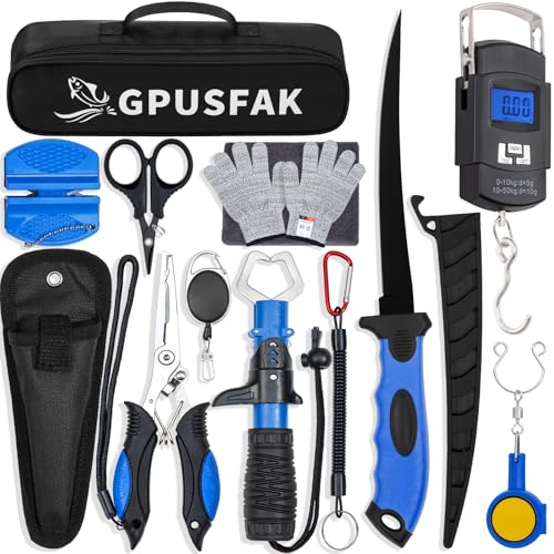 Fishing Tool Kit, 12 Pieces Fishing Gear, Fishing Pliers with Lanyard, Fillet Knife, Fish Lip Gripper, Fly Ice Fishing Hook Knotter, Anti-Cutting Gloves