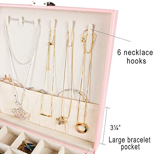 Frebeauty Earring Organizer Classic Jewelry Box 50 Slots Double Layer Jewelry Storage Case with 6 Necklace Hook and Bracelet Pocket(Pink) - color: Pink