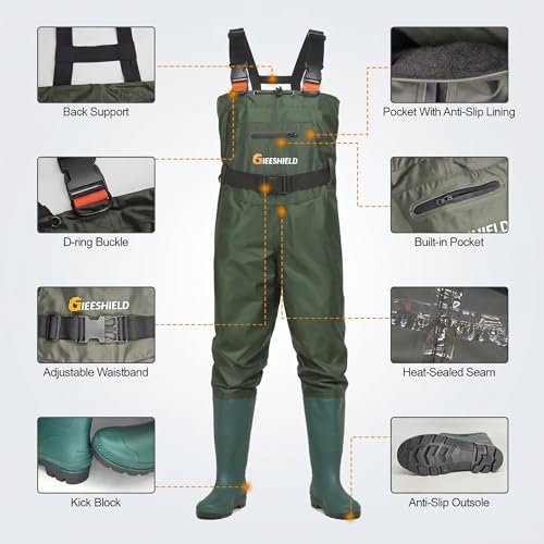 Waterproof Bootfoot Chest Waders – Lightweight 2-Ply Nylon/PVC for Fishing & Hunting with Boot Hanger - size: M9/W11