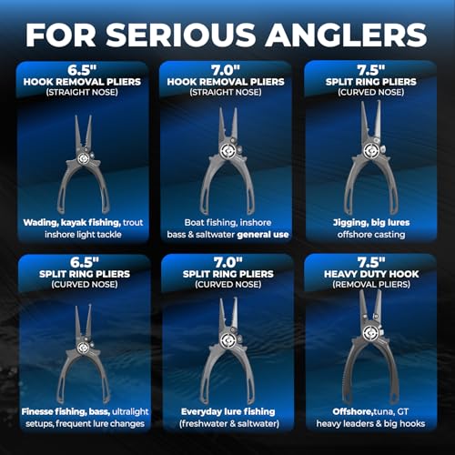 GOMEXUS Fishing Pliers Saltwater with Side Cutters, Never Rust Inshore & Nearshore Titanium Fishing Gear with Lanyard & Leather Sheath, Hook Remover, (7.5'' Split Ring Nose) - color: Split Ring Nose