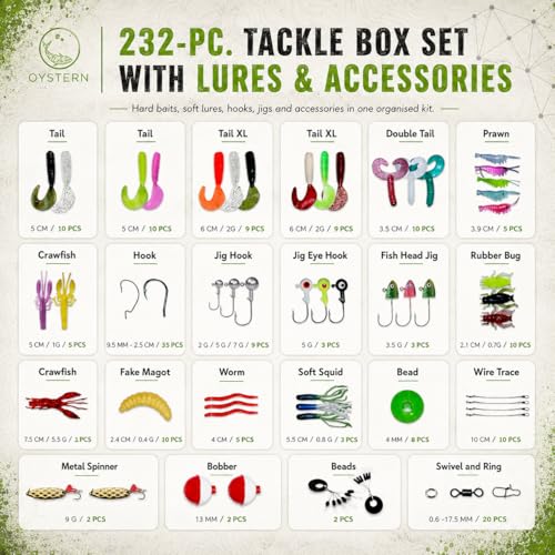 232-Piece Fishing Tackle Box Kit - Freshwater Lures for Bass, Trout & Panfish with Spinnerbaits, Soft Baits, Jigs, Hooks & Tackle Box - Complete Fishing Gift for Men, Dads & Beginners