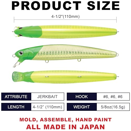 LUCKY CRAFT FlashMinnow 110, Saltwater Fishing Lures, Jerkbait Surf Fishing Accessories and Gear, 1-2 ft Slow Suspending Topwater Lure, Halibut and Bass - color: 706 Laser Green Head Chart