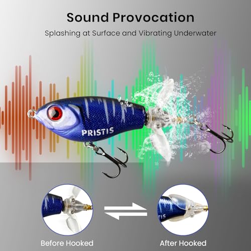 Pristis 3 pcs Topwater Fishing Plopper Lures, Floating Popper Bait Set with Chemically Sharpened Hooks for Saltwater Freshwater, Top Water Plopping Swimbait Teaser for Bass Tuna Perch Pike Crappie - color: 3 pcs Double-blade Color Set