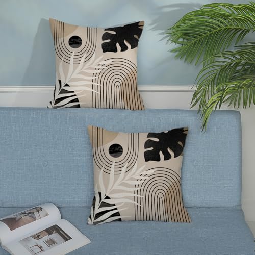 Boho Black Pillow Covers 18x18 Inch Set of 2 Black BeigeTropical Leaf Decor Mid Century Throw Pillows Outdoor Bohemian Modern Decorative Pillowcase Farmhouse Linen Cushion Case for Couch Sofa - color: Black-mid Century 2, size: 18" x 18" (Pack of 2)