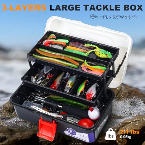 TCMBY 3 Layers Tackle Box with Tackle Included, 321Pcs Fishing Lures Kit Contains Pliers, Crankbait, Hooks, Weights & Accessories, Fishing Gear Bait Lure Gifts for Men Bass Freshwater (White Black) - color: White Black
