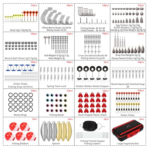 TRUSCEND Complete Fishing Accessories - Tackle Box with Tackle Included, Fishing Hooks, Jig Heads, Sinkers, Weights, Swivels, Snaps, Bobbers, Leaders - Fishing Gear Set for Bass Trout Panfish Walleye - color: C-408pcs Premium Kit