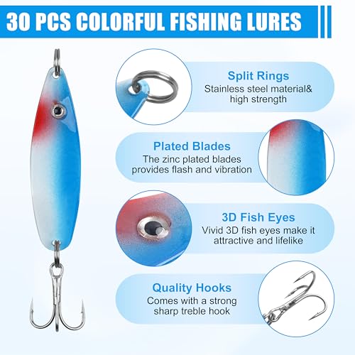 Fishing Spoons Lures Kit,30pcs Hard Metal Fishing Spinner Baits Trout Lures Casting Trolling Trout Spoons Fishing Lures with Treble Hooks for Bass Salmon Pike Walleye