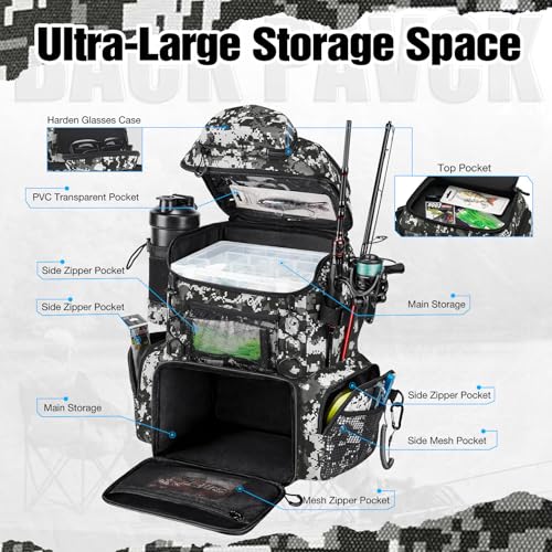 Piscifun Fishing Tackle Backpack with Rod Holders & 4 Tackle Boxes, 42L Outdoor Fishing Bag with Waterproof Rain Cover - color: Camouflage