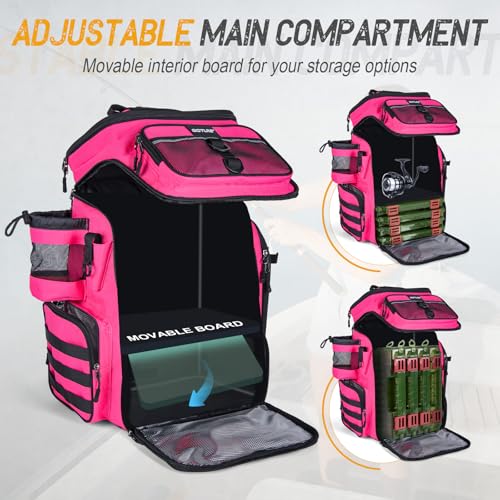 Goture Fishing Backpack with 4 Tackle Boxes, 900D Water-Resistant Tackle Backpack with Rod Holders,Insulated Cooler Compartment, 55L Large Capacity Fishing Gear Storage Bag for Saltwater & Freshwater - color: A3:pink(4 Tackle Boxes Included)