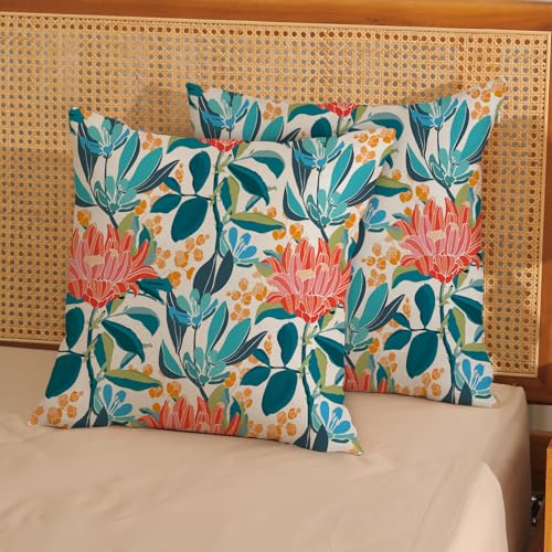 Boho Outdoor Pillow Covers 16x16 Inch 2 Pcs Aqua Teal Coral Colorful Leaf Floral Decor Throw Pillows Vintage Flower Botanical Seasonal Decoration Pillowcase Linen Cushion Cover for Couch Sofa - color: Boho Teal Floral, size: 16" x 16" (Pack of 2)