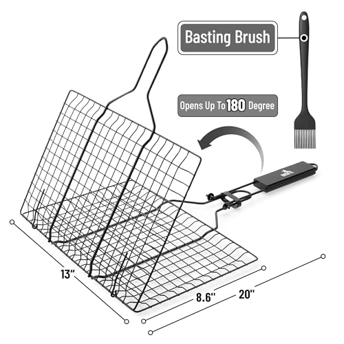 UNCO- BBQ Grill Basket, Folding Portable Stainless Steel BBQ Grill Basket with with Removable Wooden Handle & Basting Brush for Vegetables, Shrimp, Fish, Locking Grilling Basket for Outdoor, Camping - color: Black