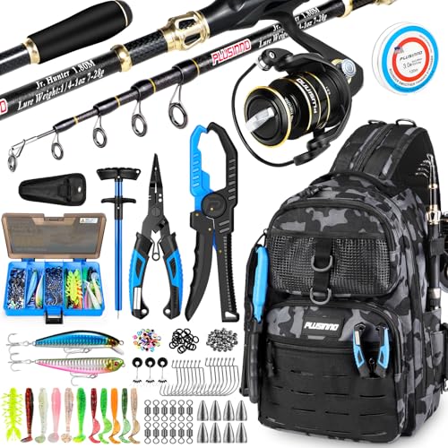 PLUSINNO Fishing Gear, Fishing Backpack with Fishing Rod, Tackle Box, Waterproof Tackle Backpack with Rod Holders,Lures, Tools, Pliers & Accessories, Fish Gifts for Men - color: Fishing Backpack with Fishing Rod and reel combo fishing gear
