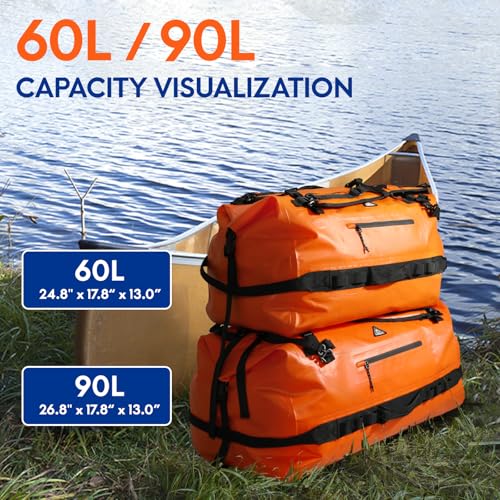 Haimont IPX7 Waterproof Roll-Top Dry Duffel Backpack | 60L/90L Sizes, 500D Tarpaulin, Welded Seams, Mesh Pockets, Boating & Kayaking - color: Orange, size: 90L