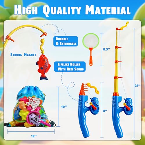 CozyBomB™ Magnetic Fishing Toys Game Set for Kids | Water Table Bathtub Kiddie Pool Party Pole Rod Net, Outdoor Plastic Floating Fish, Toddler Bath Color Ocean Sea Animals Birthday Gift Age 3-5 6 4-8 - size: 30 Fishes