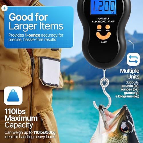 Flexzion Digital Hanging Scale – 110lb/50kg Portable Luggage Scale, and Fish Scale with Electronic Backlight LCD, Stainless Steel Hook