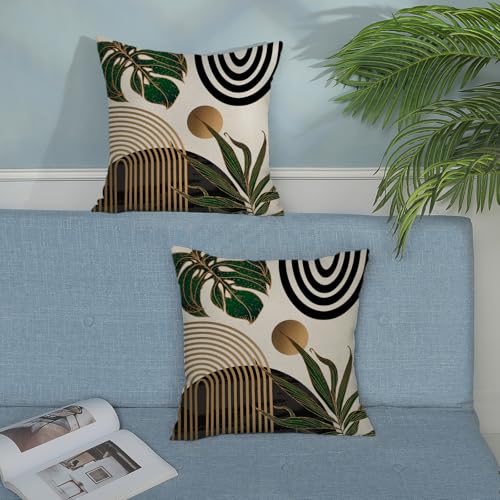 Black Boho Pillow Covers 16x16 Inch 2 Pcs Green Gold Tropical Leaf Mid Century Summer Outdoor Decor Throw Pillows Modern Geometry Farmhouse Decoration Pillowcase Linen Cushion Cover for Couch - color: Black Green Gold Boho, size: 16" x 16" (Pack of 2)