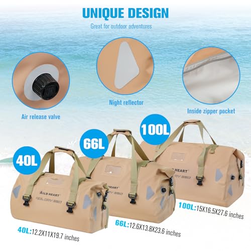 WILD HEART Waterproof Motorcycle Duffel Bag PVC500D Double-bottom With Rope Straps and Inner Pocket 40L 66L 100L for Kayaking, Camping, Boating,Motorcycle - color: 66L Khaki, size: 66L