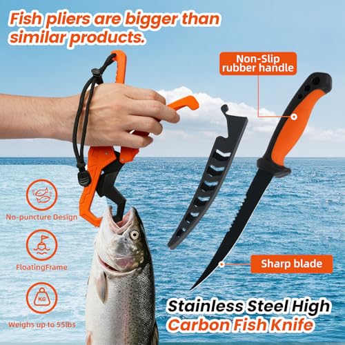 RAWILL Fishing Kit, 4 Mode LED Headlamp Rechargeable, Filleting Knife, Fishing Pliers with Lanyards, Gripper, As A Gift For Angler