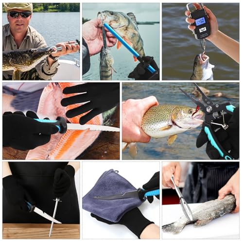 RoundFunny 14 Pcs Fishing Tool Kit, Fillet Knife, Fishing Pliers with Lanyard, Digital Scale, Lip Gripper, Hook Remover Fish Scaler Braid Scissors Gloves Sharpening Rod Retractor Towel Bag - color: Blue, style: A