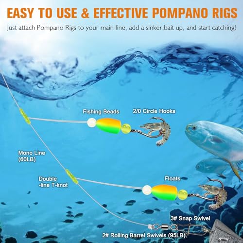 Dovesun 10PCS/4PCS Pompano Rigs for Surf Fishing Saltwater Fishing Rigs with Floats and Beads Unique Double-Line T-Knot Pre-Rigged Surf Fishing Gear & Tackle with Circle Hooks - color: Bullet Float(2colors)*4PCS, size: 2/0 Hook