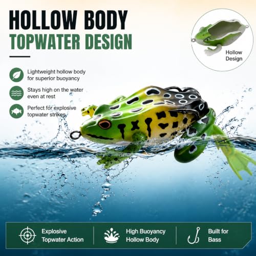 Topwater Frog Lures 5 Pack - Weedless Hollow Body Popping Frog for Bass Fishing, Lifelike Action with Double Hooks for Topwater Strikes