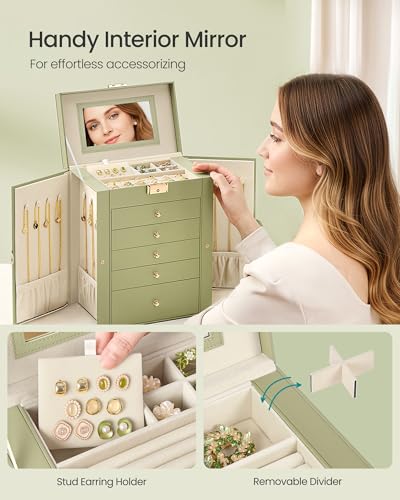 SONGMICS 6-Layer Jewelry Box Organizer with 5 Drawers, Jewelry Storage Case with Lock and Mirror, Large Storage Capacity, Gift for Loved Ones, for Necklaces, Watches, Sage Green UJBC152CE01S - color: Sage Green, size: 6 Tier