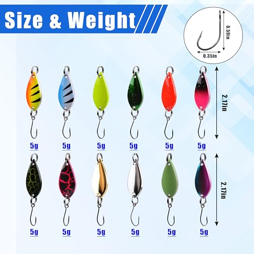 Fishing Spoons Lures for Trout, 12/24pcs Trout Spoons Set Single Hooks Hard Metal Fishing Jigging Bait Tackle Casting Spinner Bait for Crappie Bass Perch Panfish Pike, 1/5 oz - color: 12pcs---0.17oz