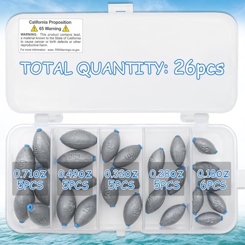 Egg Fishing Sinkers Weights Assortment, 26pcs 5/6 Size Bullet Fishing Weights Lead Oval Shape Bass Casting Worm Bullet Tackle for Saltwater Freshwater Fishing - size: 5 sizes-26pcs