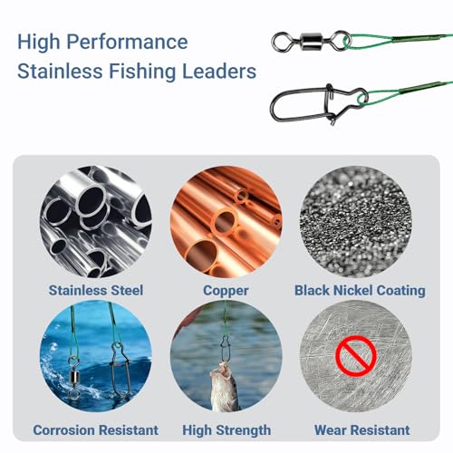 AMYSPORTS Freshwater Rigs Fishing Leaders Saltwater Heavy Duty Fishing Leader Stainless Rig Swivels Wire Leader Lure Black Nickel 60pcs