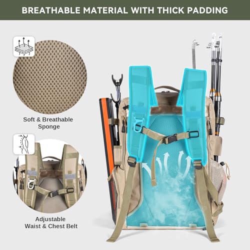 Bagenerous 39L Fishing Tackle Backpack with Rod Holders & Cooler,Water-resistant Fishing Gear Storage Bag with Protective Rain Cover,Khaki - color: Khaki