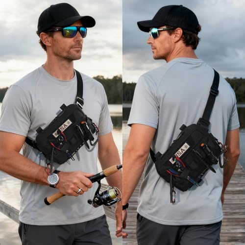 Outdoor Chest Bag for Men, Water-Resistant Fishing Chest Pack, Tactical Vest for Running, Cycling, Hiking - color: Black