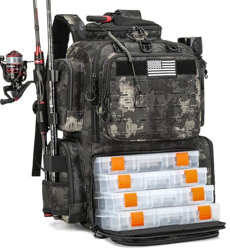 Tactical Fishing Tackle Backpack with Tackle Boxes, Rod Holders, Bottle Holder, 50 L Large Insulated Fishing Backpack Tackle Box with Cooler, Fishing Bag Store Gear & Equipment, Black CM - color: Black CM