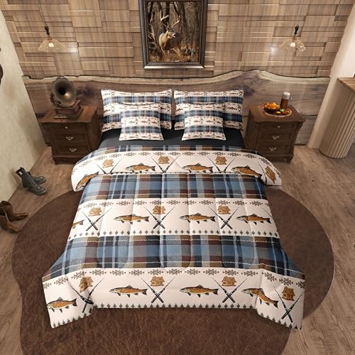Erosebridal Big Fish Comforter Set with Sheets Twin Size Aztec 7-Piece Bedding Set for Kids Boys Girls Retro Rustic Buffalo Plaid Cabin Farmhouse Blue White Brown Lightweight Bed in A Bag - color: Blue White Brown, size: Twin
