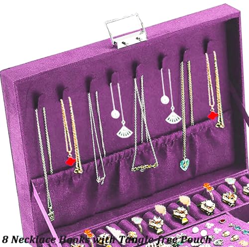 QBestry 3-Layer Jewelry Box for Women with Lock and Key & Drawer, Large Jewelry Organizer with 8 Necklace Hooks & 56 Earring Holes, Purple Velvet Jewelry Storage Box for Necklace Earring Ring Bracelet - color: Purple