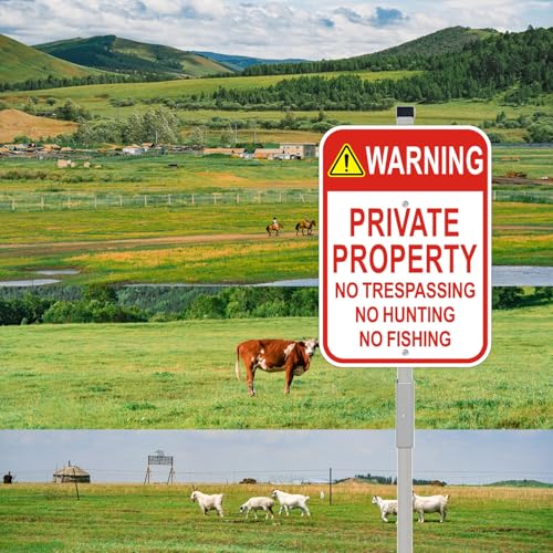 2 Pack Private Property No Trespassing Signs with 36" Metal Stakes, 10x14 Inches, Reflective Aluminum, No Hunting No Fishing Signs - style: 2 Pack-10"x14" with 36" Stakes