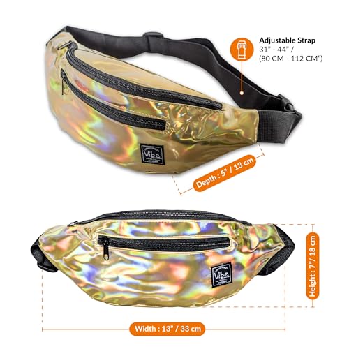 Vibe Festival Gear Rave Fanny Pack for Women Men – Festival, 4 Pockets, Adjustable Strap, Cute Waist Bag, Crossbody Belt Bag, Hiking, Running, Cycling - color: Gold, size: Fits Most