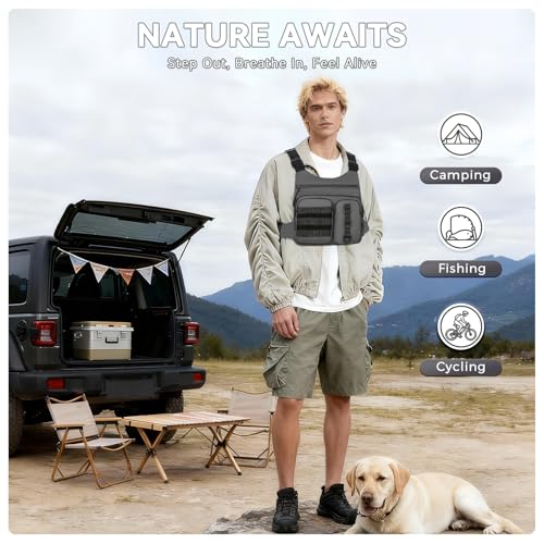 Criuage Tactical Chest Bag for Men, Lightweight Adjustable Running Vest, Water Resistant EDC Chest Pack with Water Bottle Pocket, Breathable Back Pad for Hiking Cycling Fishing Travel - color: Grey