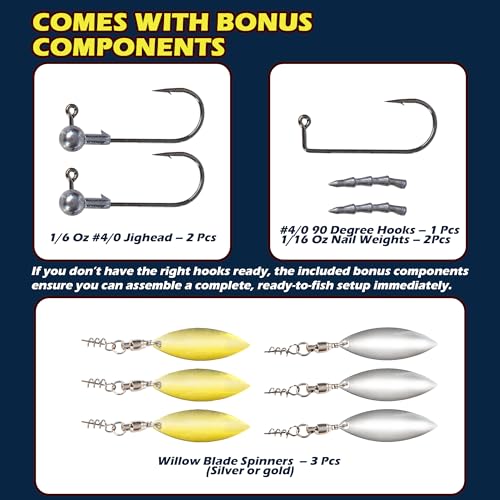 Paddle Tail Swimbaits Set, Ultra Soft PVC，Freshwater & Saltwater Ready, Includes Hooks, Weight & Spinnerbait Blades，Fishing Gear for Bass and Predator Fish - color: Green-Pumpkin