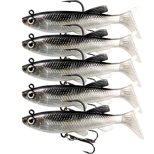 Soft Fishing Lures Shad Minnow Swimbaits, Pre-Rigged Jig Heads Paddle Tail Swim Baits for Bass, Trout, Walleye, Crappie, Sinking Jigs Bait for Saltwater Freshwater, Fishing Gifts for Men - color: A1-Weedness Pre Rigged Swim Baits-5pcs-3.15inch