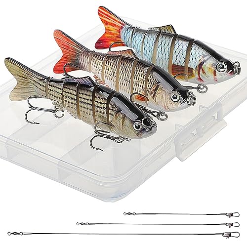 Realure 3 Pack Multi-Jointed Pike Swimbaits, 10.2cm 14g Slow Sinking Articulated Lures with Multi-Size Fishing Leaders, 3D Lifelike Glide Baits for Pike Muskie Bass Freshwater Saltwater