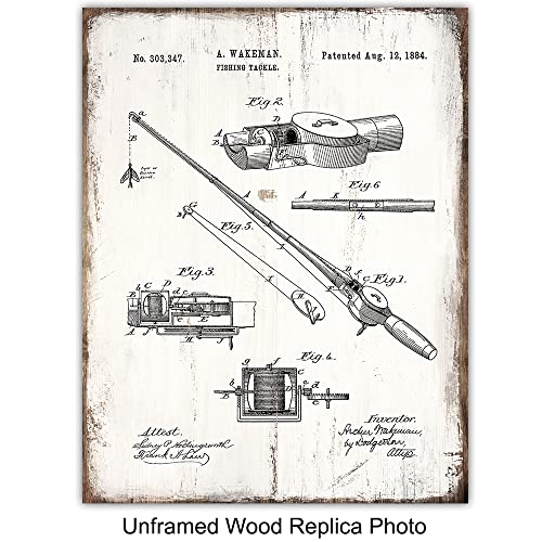 Fishing Accessories Patent Print, Rod, Reel, Lures Wall Art Set - Lake or Mountain House Decor for the Home - Rustic Vintage Bass, Trout, Freshwater Fish Room Decoration Poster - Gift for Fishermen - size: 8x10 inches