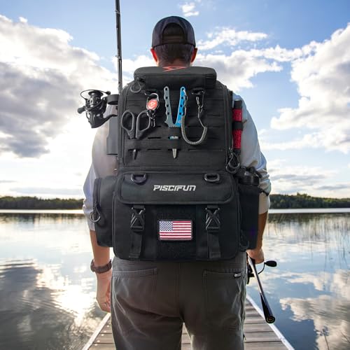 Piscifun 52L Fishing Tackle Backpack with Rod Holders & 4 Tackle Boxes, Large Tackle Bag for Gear Storage with Rain Cover - color: Black