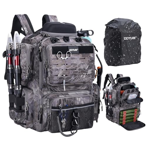 Goture Fishing Backpack, 900D Water-Resistant Tackle Backpack with Rod Holders, Hard Sunglasses Case, 45L Large Storage Gear Tackle Bag with Rain Cover, Bottle Holder for Travel Camping Hiking - color: A1:camo 12#, size: Without Tackle Boxes
