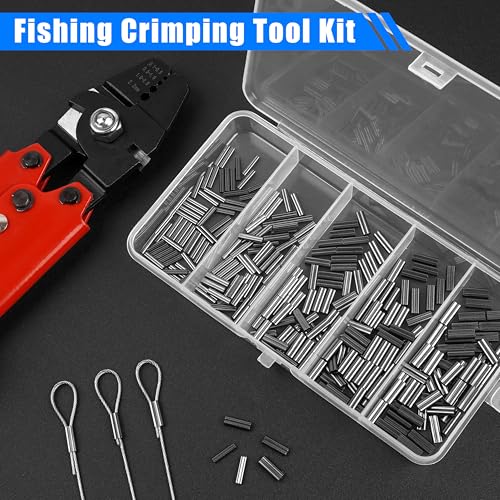 Fishing Crimping Tool Kit Wire Crimping Tool Stainless Steel Fishing Crimping Pliers with 300pcs Aluminum Crimp Sleeves Kit Effort-Saving Wire Crimper Tool, 4 Size Crimp Sleeves Fishing Tackle Pliers - color: High Carbon Crimping Pliers