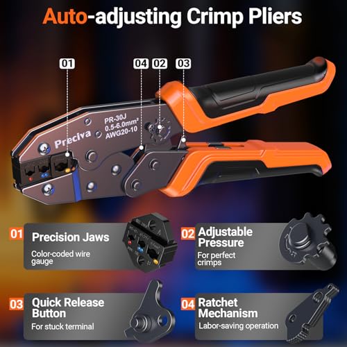 Preciva Insulated Crimping Tool Set with Storage Case, Ratcheting Wire Crimper Kit with 350 Terminals (Red, Blue, Yellow), Ergonomic Handle, High-Strength Steel, 0.5–6mm² / A.W.G. 20-10 Crimping Range - size: 350