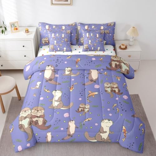 Erosebridal Lap Otter Comforter Set with Sheets Twin Size Cartoon 7-Piece Bedding Set for Kids Boys Girls Sea Otters Kawaii Cartoon Natural Animal Beige Dark Blue Lightweight Bed in A Bag - color: Beige Dark Blue, size: Twin