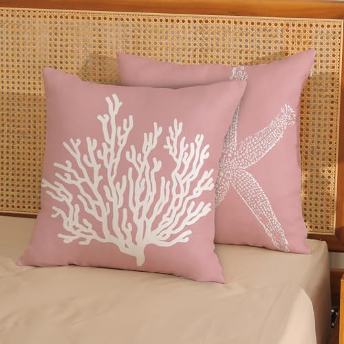 Coastal Pillow Covers 18x18 Inch Set of 2, Pink Coral Starfish Throw Pillows Nautical Ocean Decorations Beach Pillowcase Outdoor Decor Linen Farmhouse Cushion Case for Home Sofa Living Room - color: Pink Starfish Coral, size: 18" x 18" (Pack of 2)