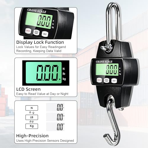 Digital Hanging Scale, 1100lb/500kg Crane Scale, Handheld Digital Hanging Scale, Mini Crane Scale with LCD Display and Hooks, Aluminum Alloy Body for Hunting, Outdoor, Fishing, Farm (Black) - color: Black-1100lb