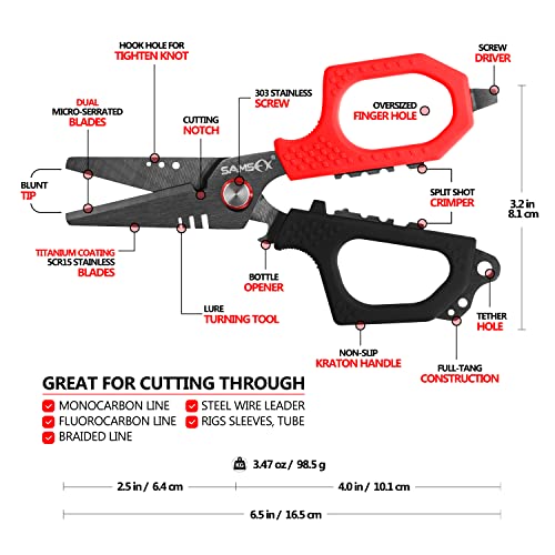 SAMSFX 6.5" Pro Fishing Shears Dual Serrated Blades, Fishing Braided Line Scissors with Titanium Coating, Non-Slip Grip & Multifunction Tool, Includes Hard Molded Locking Sheath & Coiled Lanyard - color: A: Black & Red Kraton Handle, Hard Sheath