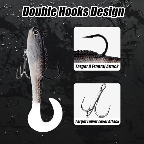 Fishing Lures with Jig Heads Treble Hooks 6pcs 2.36in/0.14oz FS/RE-12 | 6pcs Soft Plastic Swim Baits,Tackle Box,for Bass Crappie Trout, Saltwater and Freshwater, Fishing Tackle